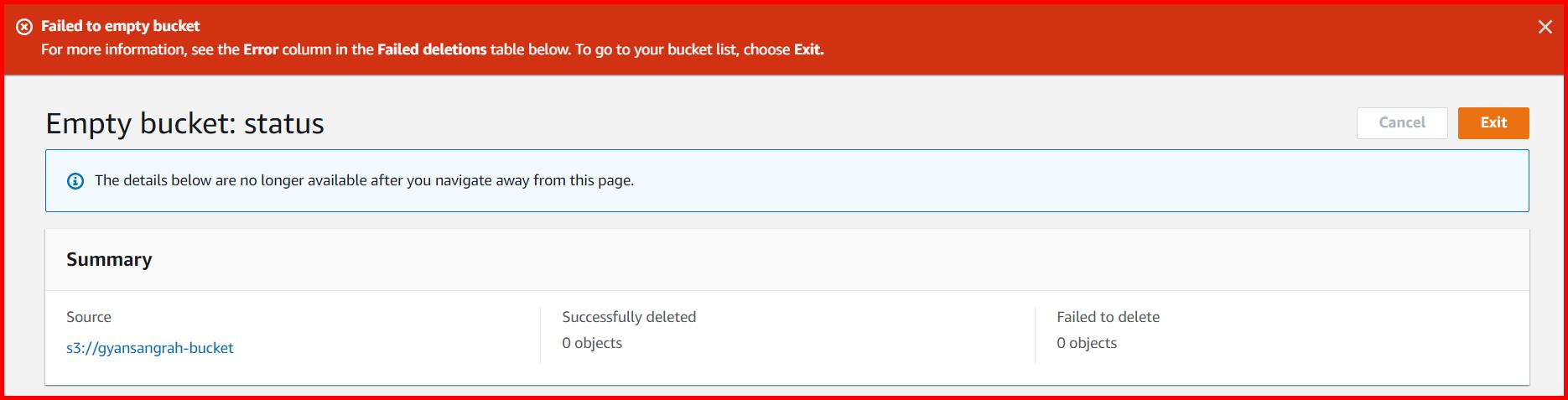 Picture showing the error message when user is trying to delete an object from S3 bucket